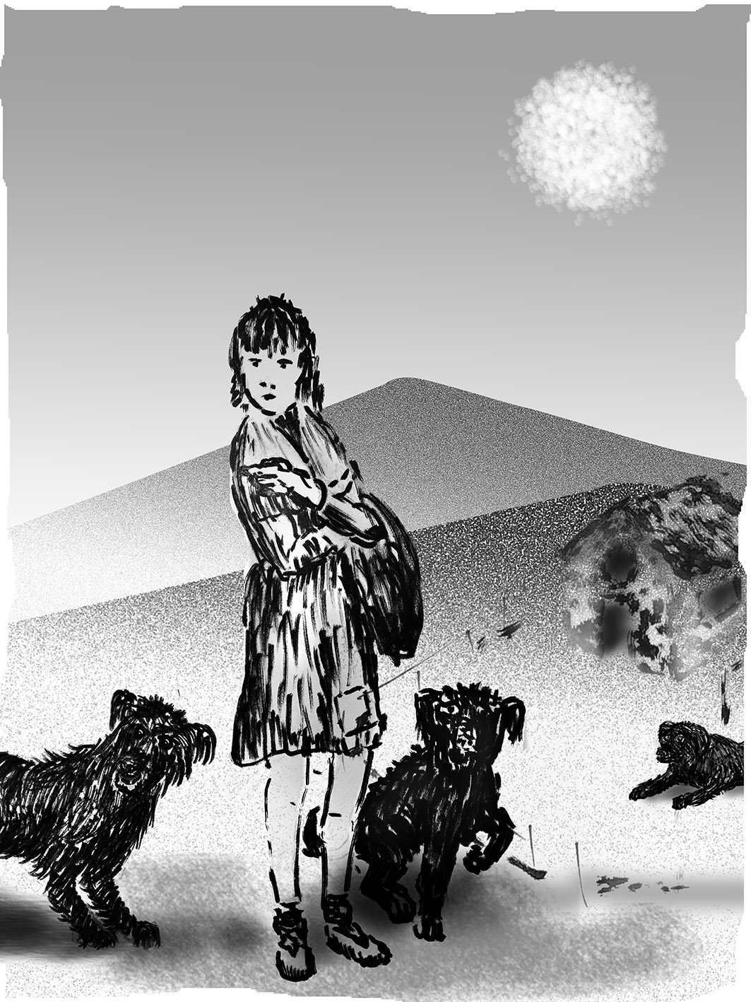 Ilustración perteneciente al cuento que muestra a Olinda y dos perros negros, con paisaje de montañas de fondo.